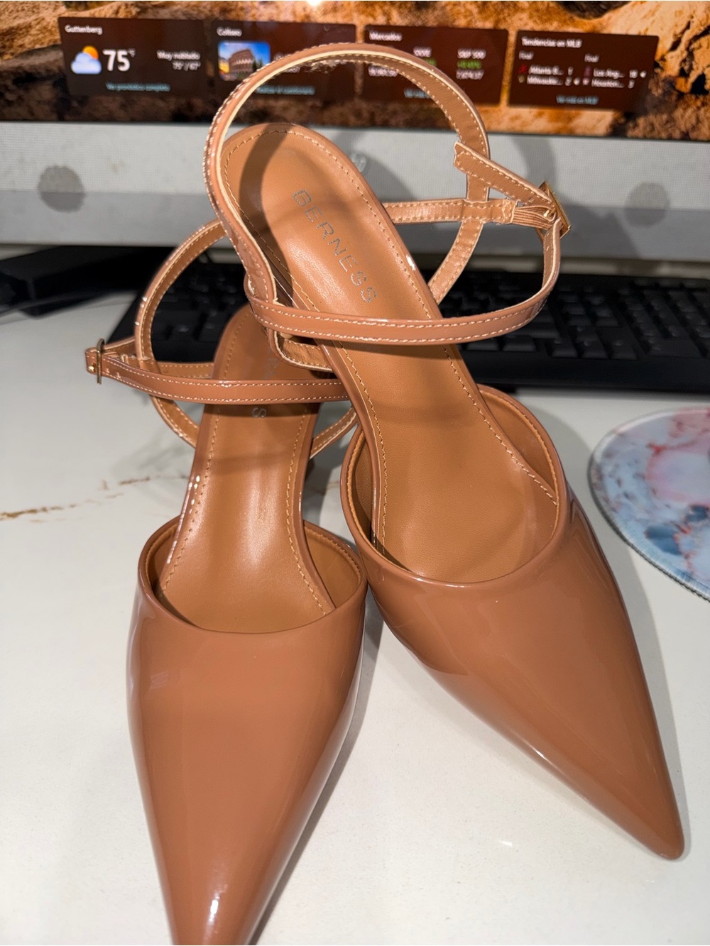 Bernice Pointed-Toe Patent Ankle-Strap Heels in Nude Tan